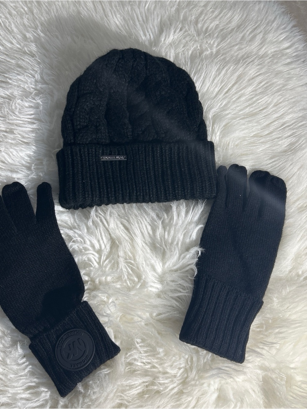 Michael Kors Black Knit Beanie and Gloves Set